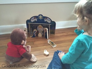 Nativity scene with Melk the Christmas Monkey. www.GoldenReflectionsBlog.com