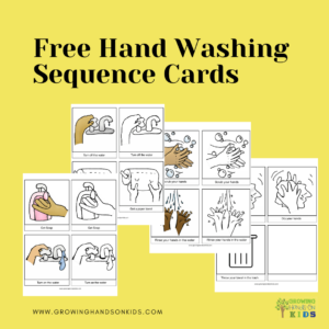 An educational graphic titled 'Free Hand Washing Sequence Cards' showing illustrated step-by-step instructions for proper handwashing. The cards display actions like turning on water, applying soap, scrubbing hands, rinsing, drying hands, and disposing of the towel. The images feature diverse skin tones and easy-to-follow visuals. The logo for 'Growing Hands-On Kids' and the website URL are placed at the bottom of the image on a yellow background.