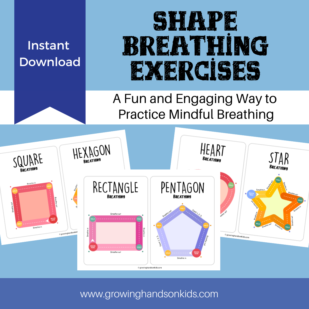 Shape Breathing Exercises - A Fun and Engaging Way to Practice Mindful Breathing. Instant download available. Features illustrated breathing guides for square, hexagon, rectangle, pentagon, heart, and star shapes. Website: www.growinghandsonkids.com.